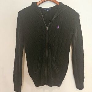 Ralph Lauren Black Cable-Knit Zip Hoodie with Gold Hardware